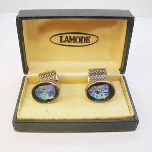 Vintage Cufflinks Mesh Wrap Around LAMODE Aurora Borealis Crystal Glass